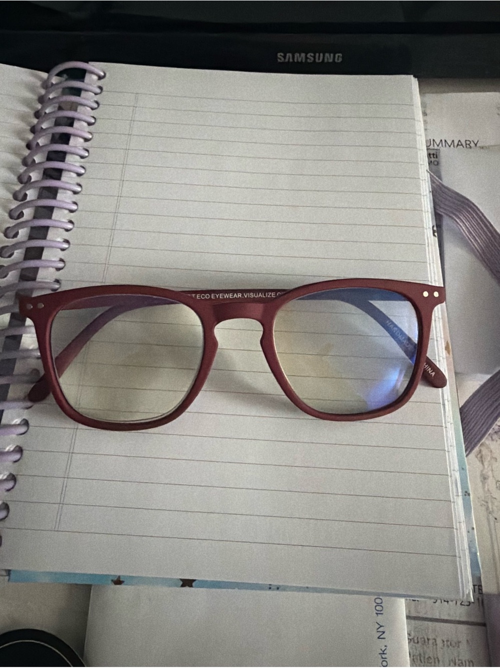 Fiesta +2.50 Blue Planet Eco Eye Wear Visualize Change Blue Light in Maroon.
